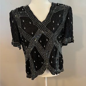 Vintage Laurence Kazar Size XL Beaded Black Top